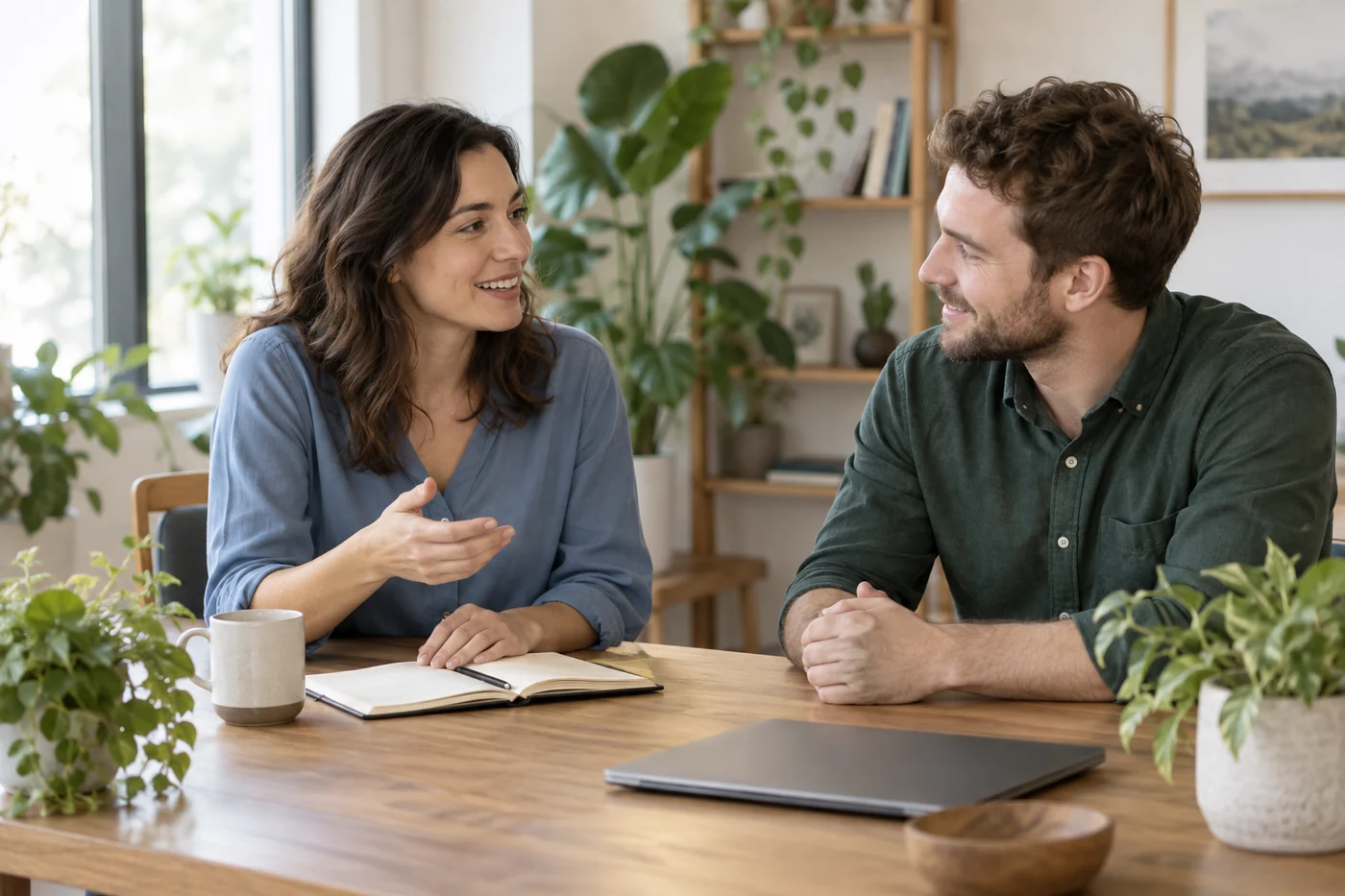 Two colleagues sharing a thoughtful conversation in a welcoming workspace