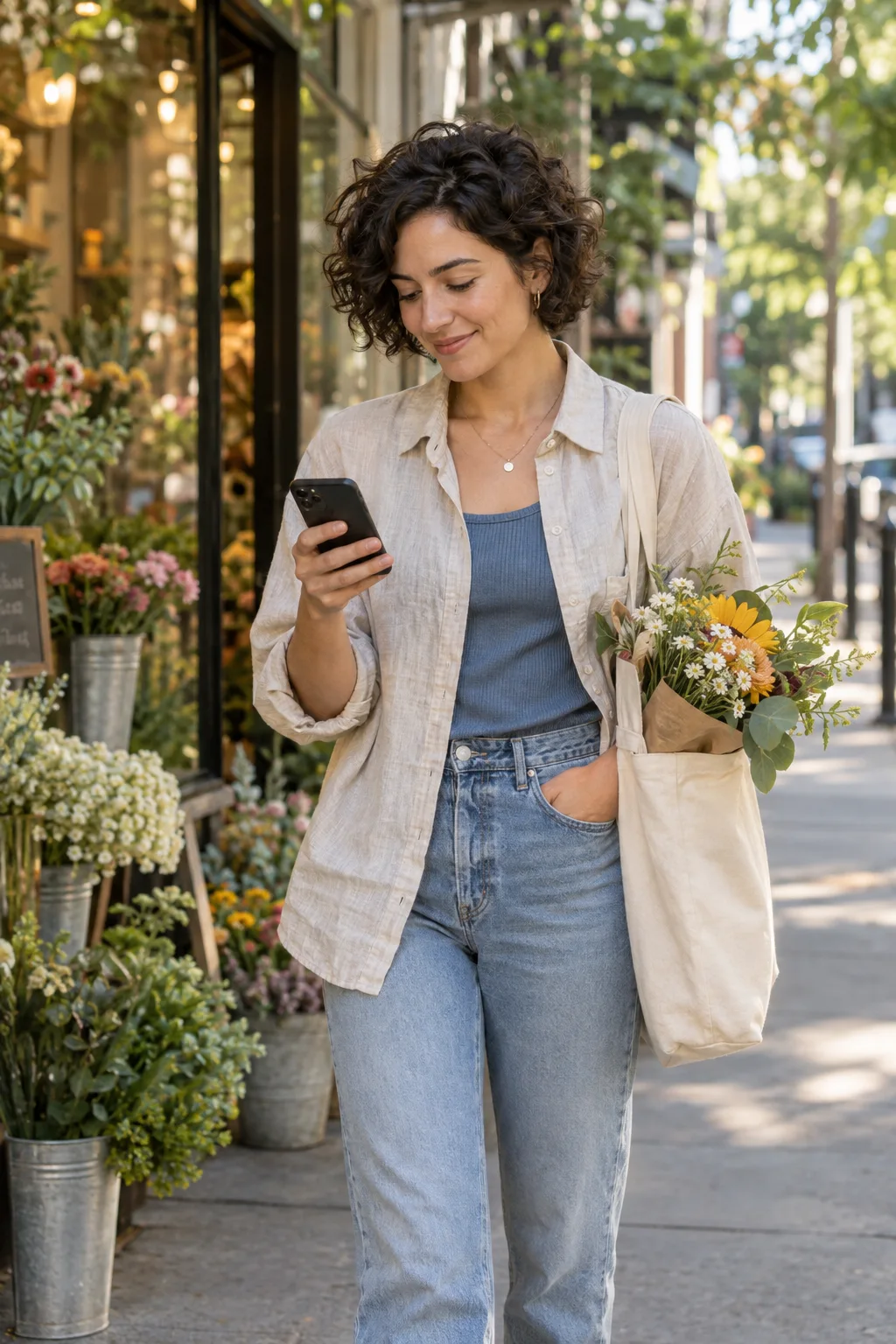 A woman checking her phone on a neighborhood walk with fresh flowers