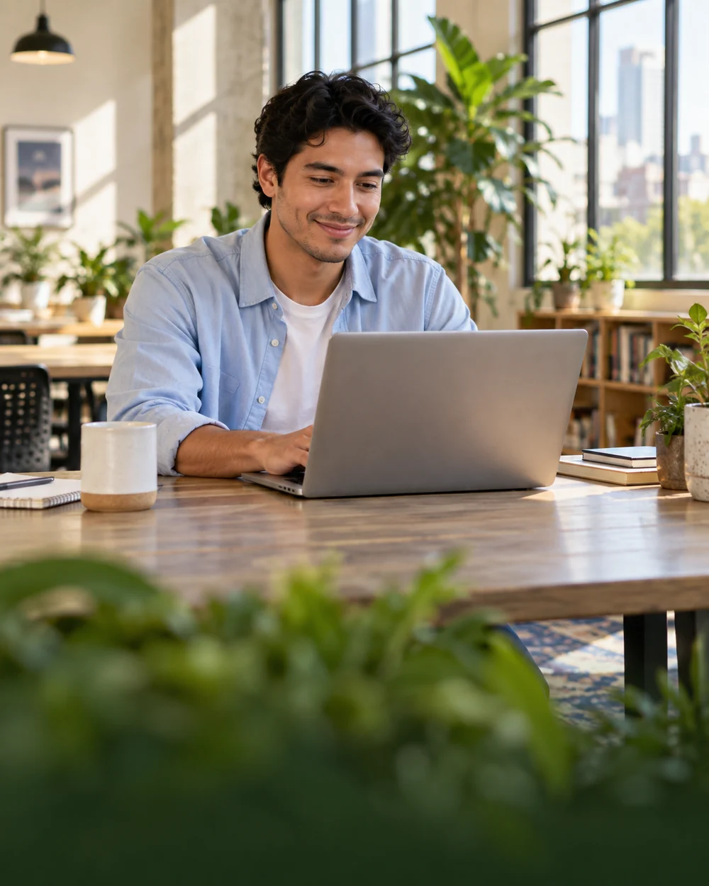 A new member getting started on a laptop in a bright shared workspace