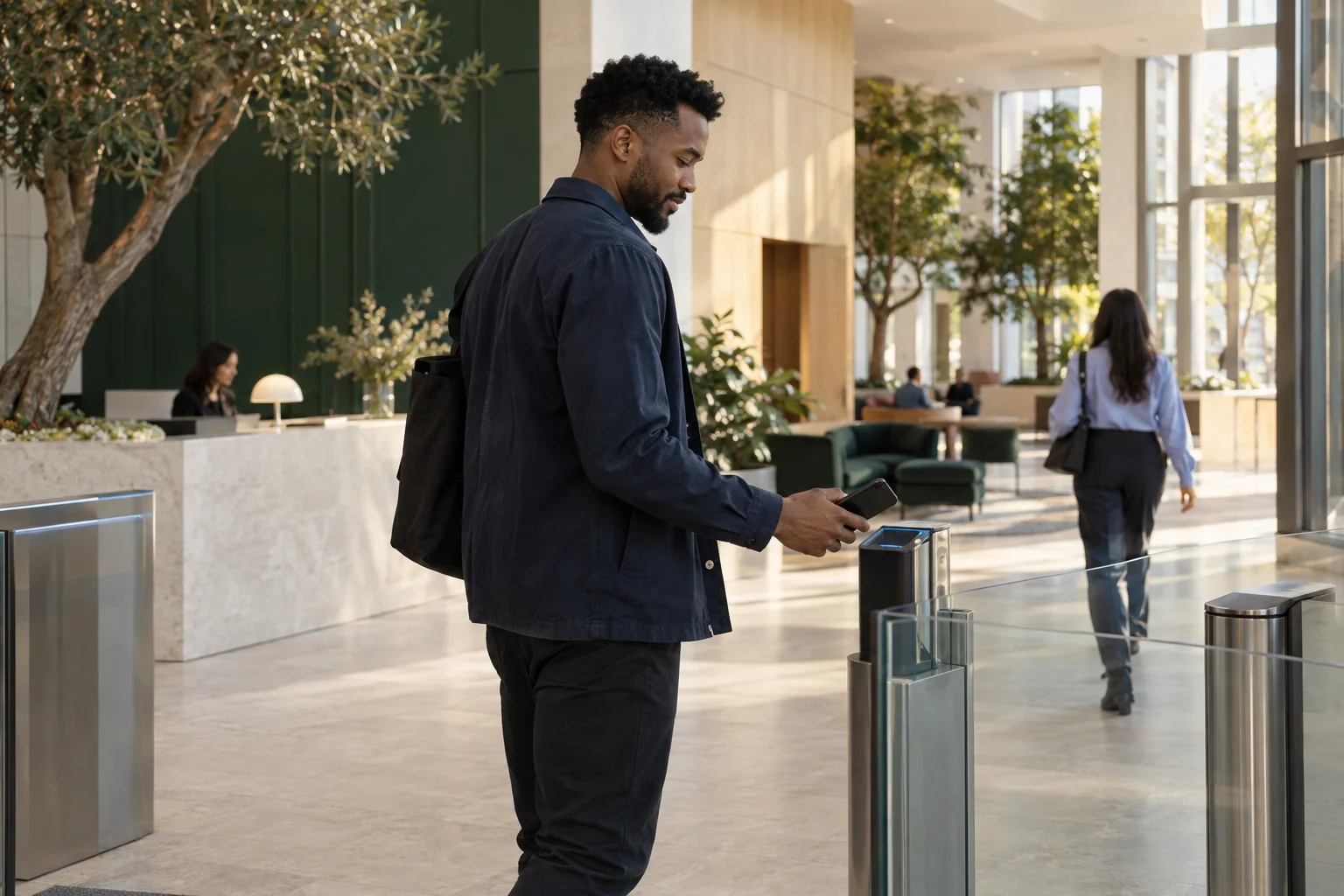 A professional using a smartphone to enter a welcoming office, illustrating real-world digital identity.