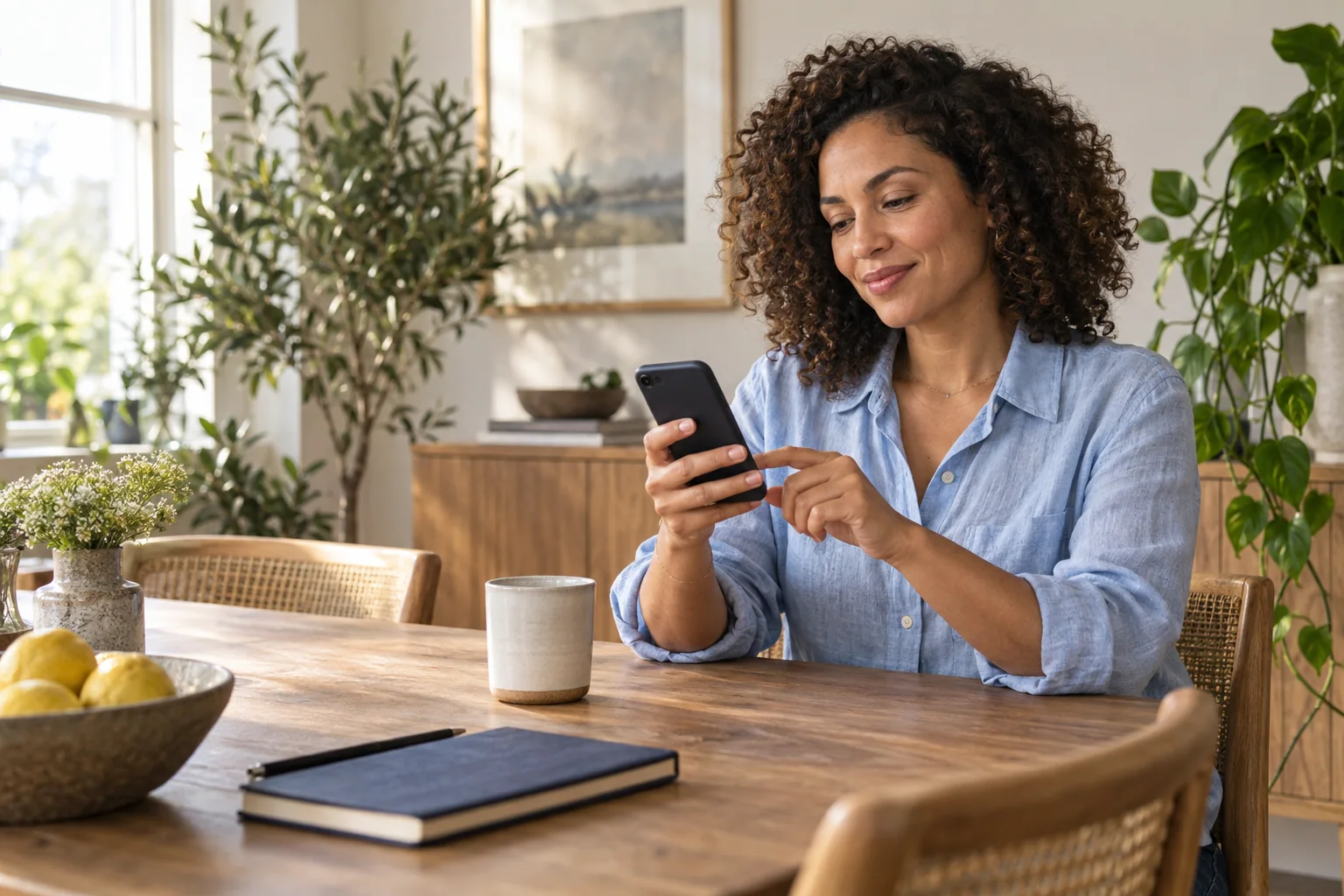 A woman exploring a smartphone app at a sunlit table, illustrating personal data investment.